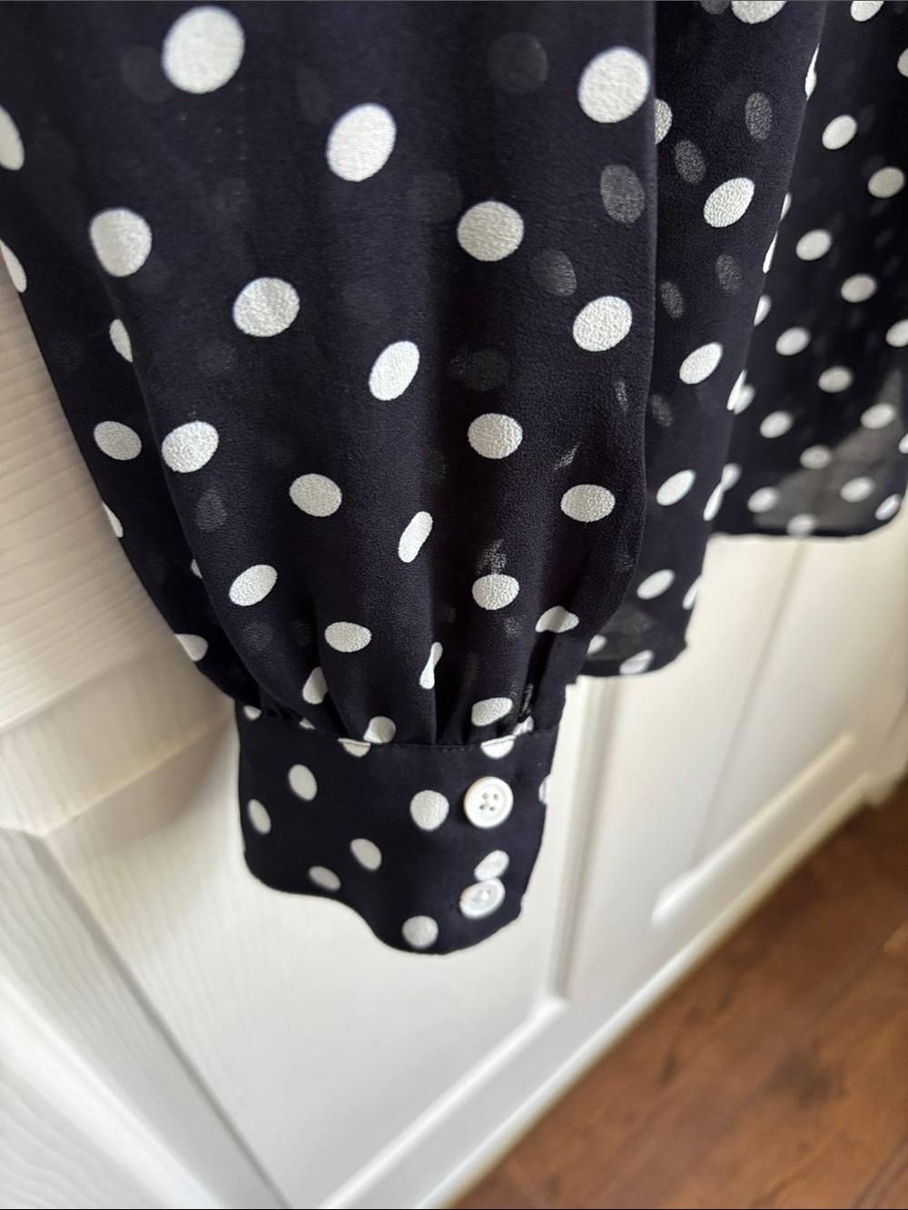 ModCloth Navy Blue & white Polka Dot Sheer Button-Up Collar Blouse Size Medium - Picture 9 of 13